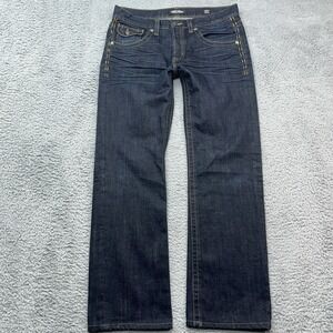 MEK DNM Denim Tucker Straight Mens 34x32 Dark Wash Embroidered Jeans Whiskers